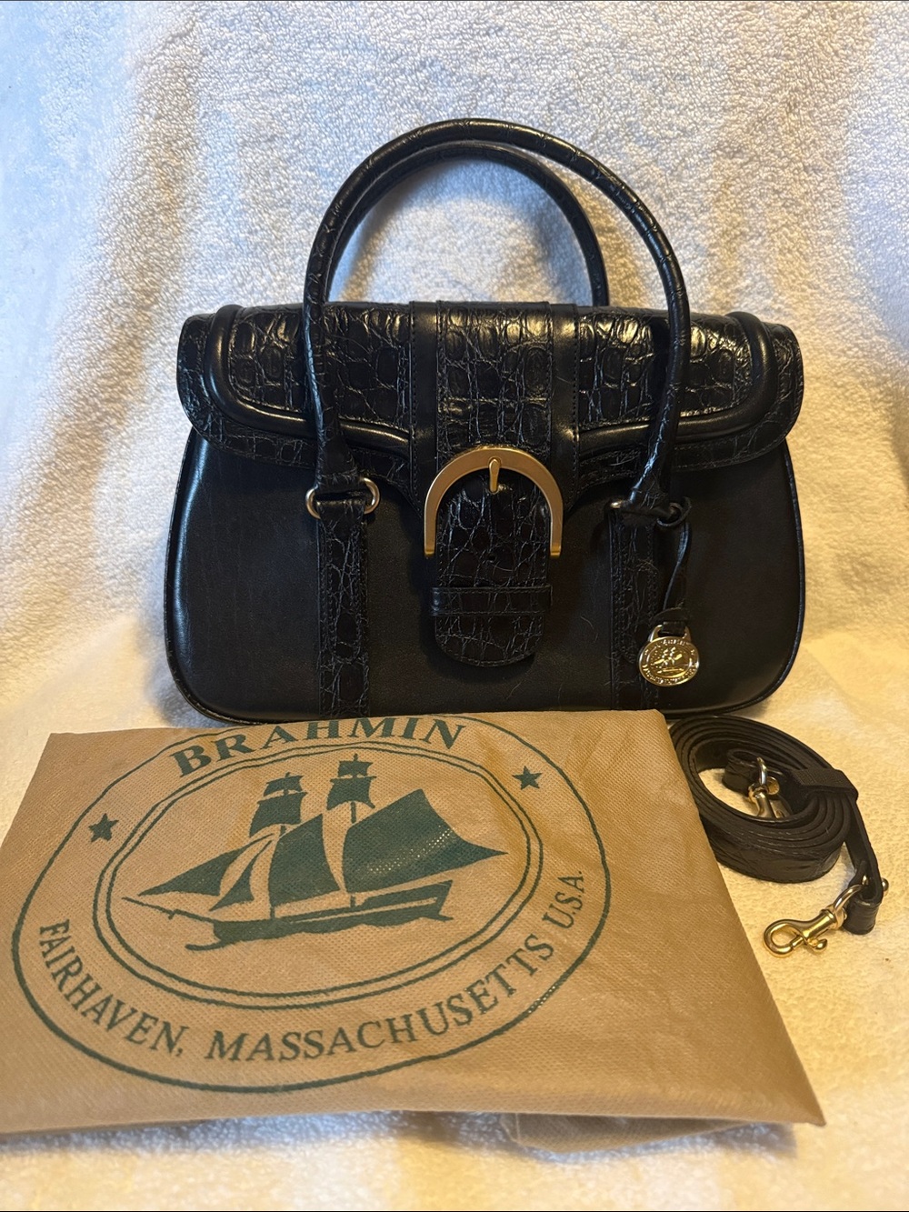 Brahmin Black Croc-Embossed Leather Top-Handle Satchel with Gold Hardware